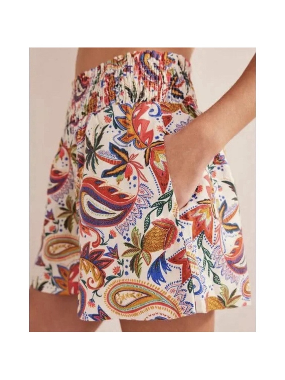 Boden Linen Shirred Waist Paisley Shorts 4
